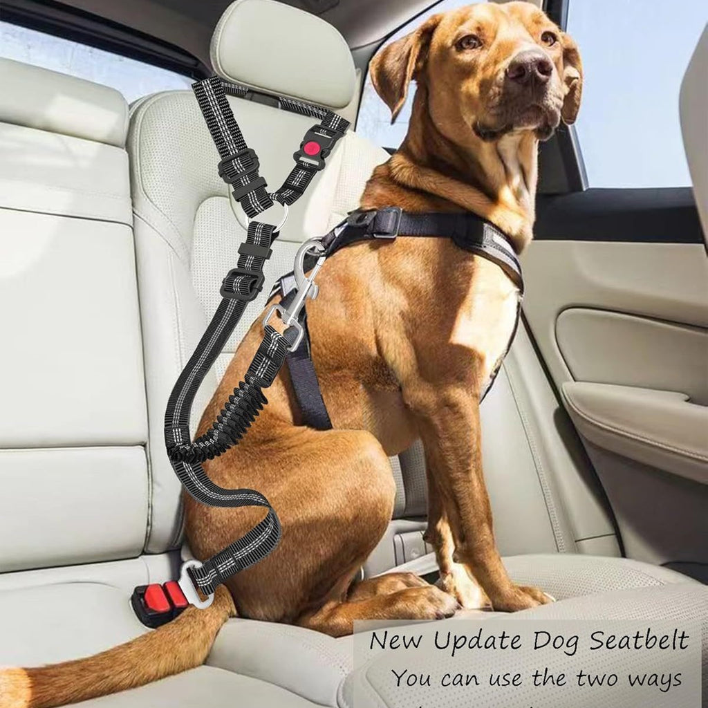 Dog Seat Belt for Car - 2-in-1 Adjustable Pet Safety Harness Restraint with Elastic Bungee, Heavy Duty Nylon Dog Car Leash for Small Medium Large Dogs
