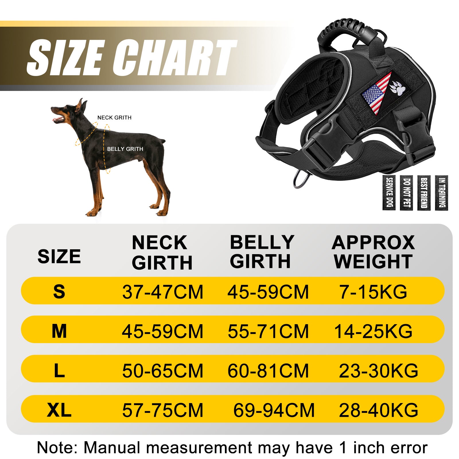 Blissnox Heavy-Duty Dog Harness with Handle - Adjustable Reflective Pet Vest for Service/Training Dogs, 4 Removable Patches, 4 Sizes & 4 Colors