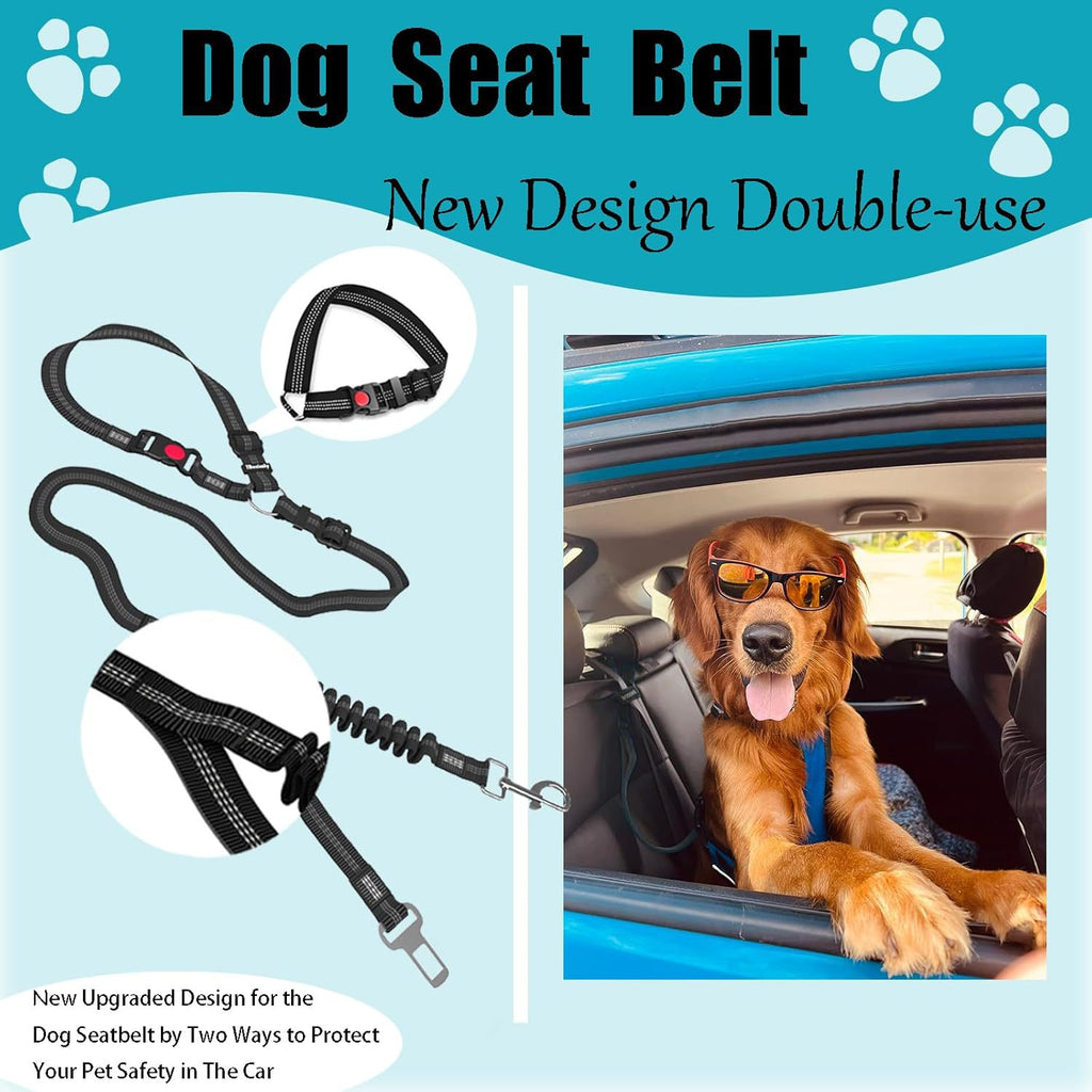 Dog Seat Belt for Car - 2-in-1 Adjustable Pet Safety Harness Restraint with Elastic Bungee, Heavy Duty Nylon Dog Car Leash for Small Medium Large Dogs